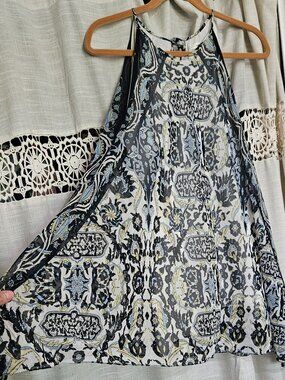 Sophie Max Flowy Aline Sleeveless Dress Black Blue Floral Sz M